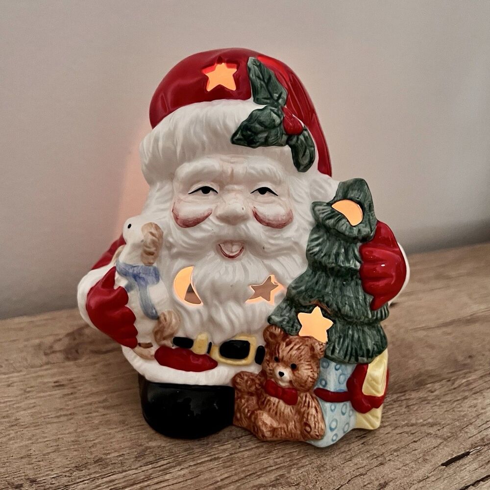 Porcelain Christmas Santa Clause w/Gifts Tea Light Holder #1 5” Tall Decor